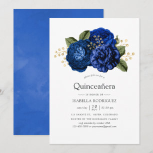 Royal Blue and Gold Floral Quinceañera Invitation