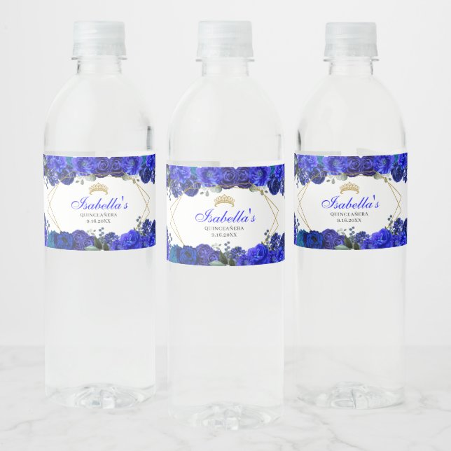 Royal Blue and Gold Floral Quinceanera Water Bottle Label (Bottles)