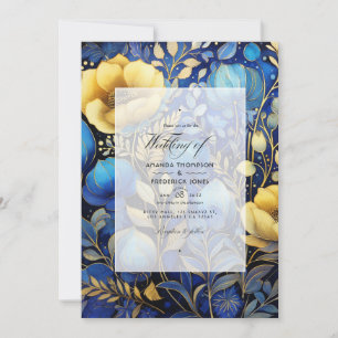 Royal Blue and Gold Floral Wedding Invitation