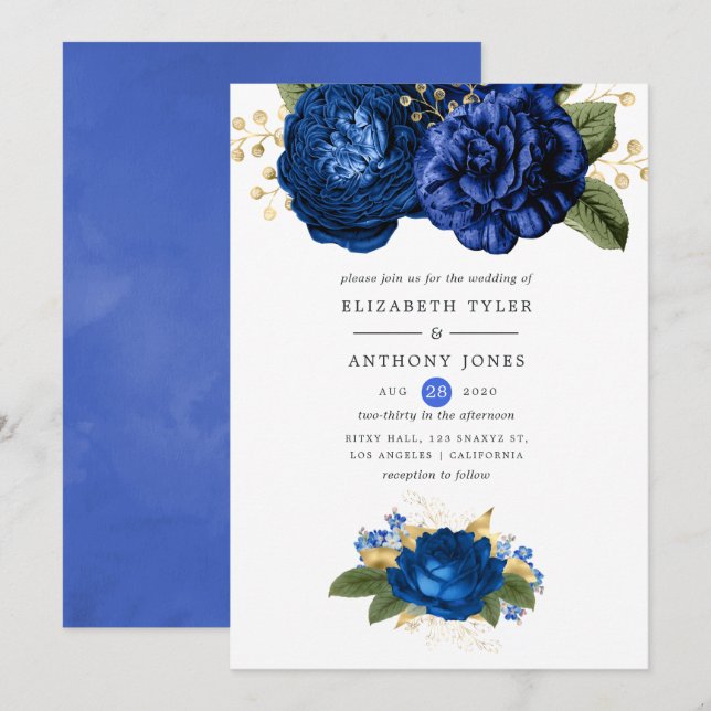 Royal Blue and Gold Floral Wedding Invitation (Front/Back)
