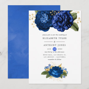 Royal Blue and Gold Floral Wedding Invitation
