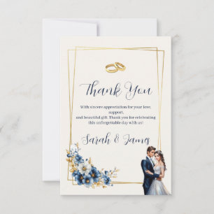 Royal Blue and Gold Floral Wedding Thank You Card