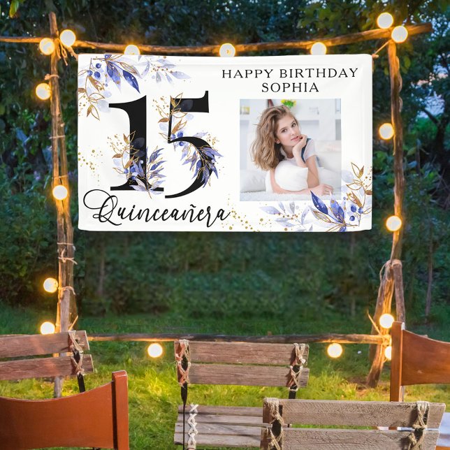 Royal Blue and Gold Foliage Quinceanera Photo Banner (Creator Uploaded)