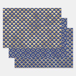 Royal Blue and Gold Geometric Patterns Elegant Wrapping Paper Sheet