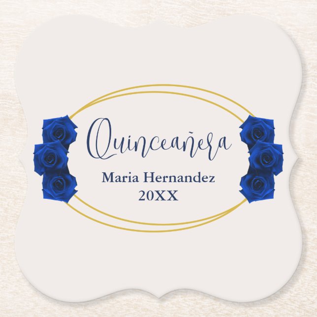 Royal Blue and Gold Geometric Quinceañera Paper Coaster (Front)