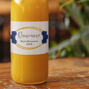 Royal Blue and Gold Geometric Quinceañera Water Bottle Label
