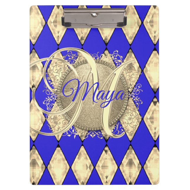 Royal Blue and Gold Glam Monogram Clipboard (Front)