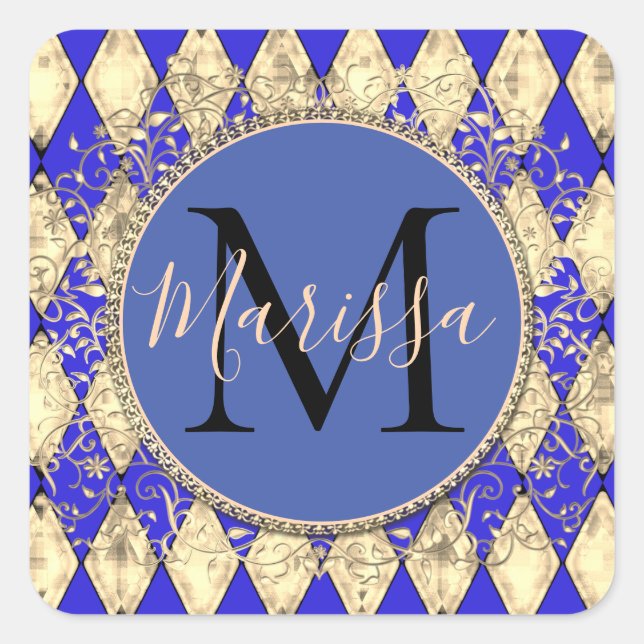 Royal Blue and Gold Glam Monogram  Square Sticker (Front)