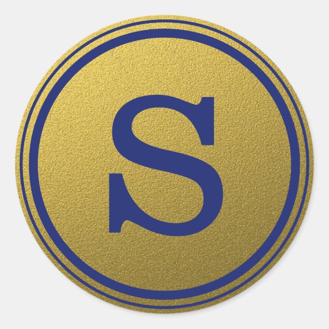 Royal Blue And Gold Glitter Monogram Initial Classic Round Sticker (Front)