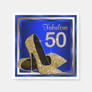 Royal Blue and Gold High Heel 50th Birthday Party Napkin