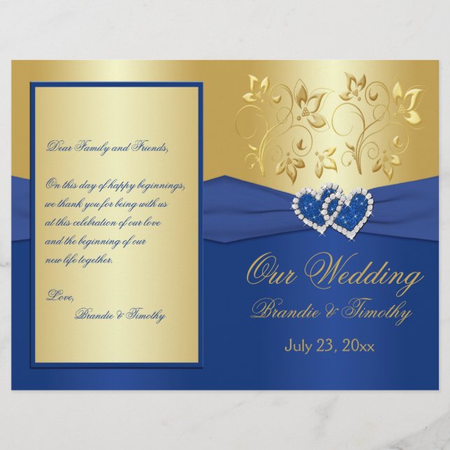 Royal Blue and Gold Joined Hearts Wedding Program (Front)