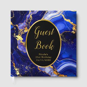 Royal Blue and Gold Marble Agate Birthday Party Guest Book