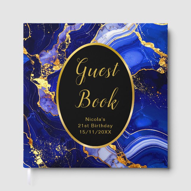 Royal Blue and Gold Marble Agate Birthday Party Guest Book (Front)