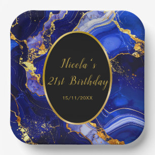 Royal Blue and Gold Marble Agate Birthday Party Paper Plate