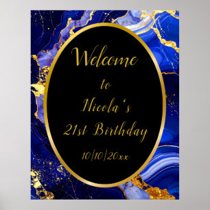 Royal Blue and Gold Marble Agate Birthday Party Poster