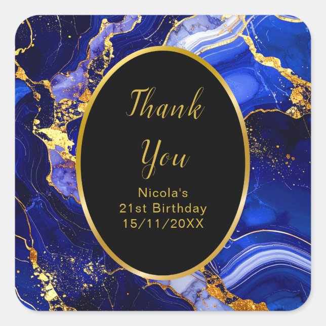 Royal Blue and Gold Marble Agate Birthday Party Square Sticker (Front)