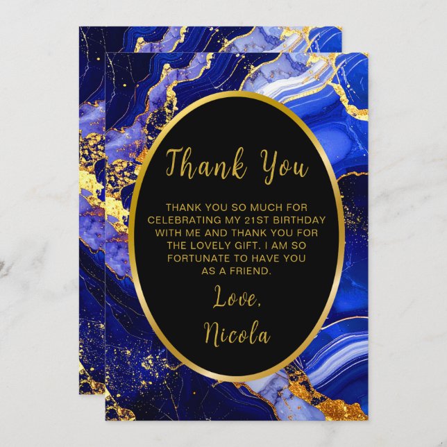 Royal Blue and Gold Marble Agate Birthday Party Thank You Card (Front/Back)