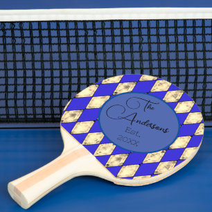 Royal Blue and Gold Modern Family Name Harlequin Ping Pong Paddle