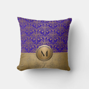 Royal Blue and Gold Monogram Damask Cushion
