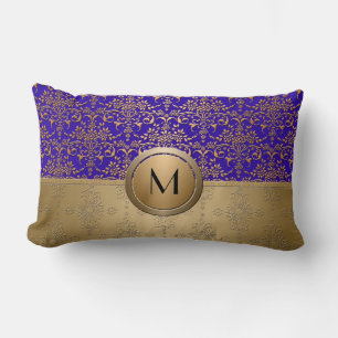 Royal Blue and Gold Monogram Damask Lumbar Cushion