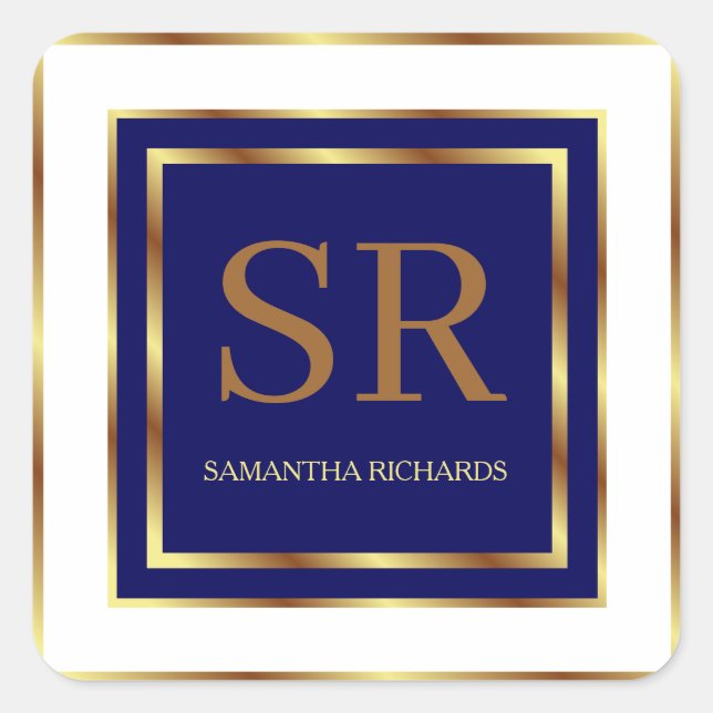  Royal Blue And Gold Monogram Geometric Square Sticker (Front)