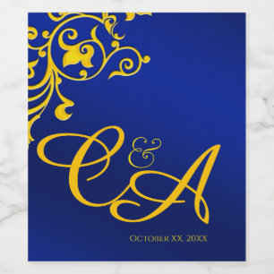 Royal Blue and Gold Monogrammed Wedding Wine Label