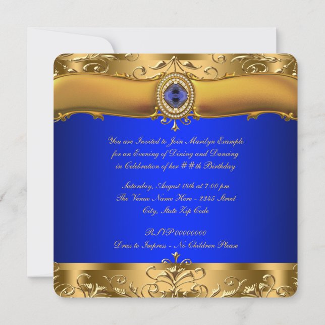 Royal Blue and Gold Party Invitation (Back)
