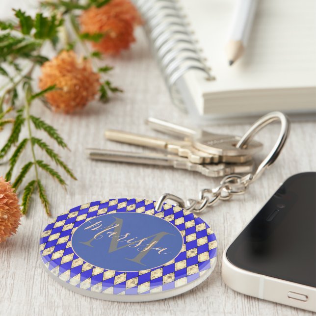 Royal Blue and Gold Personalised Harlequin  Key Ring (Front Right)