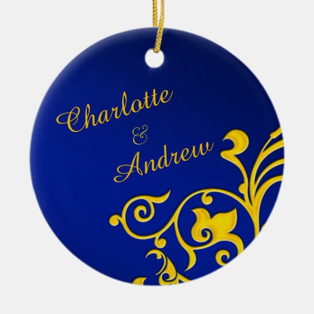 Royal Blue and Gold Personalised Names Ceramic Tree Decoration (Front)