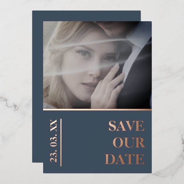 Royal Blue and Gold Photo Wedding Save the Date Foil Holiday Card (Front/Back)