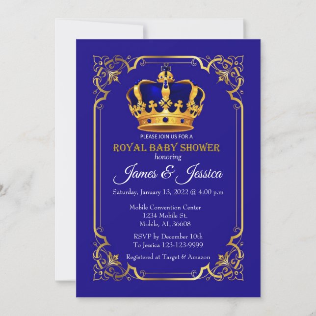 Royal Blue and Gold Prince Baby Shower Invitation (Front)