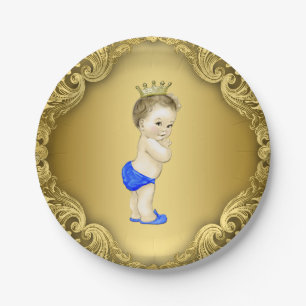 Royal Blue and Gold Prince Baby Shower Paper Plate