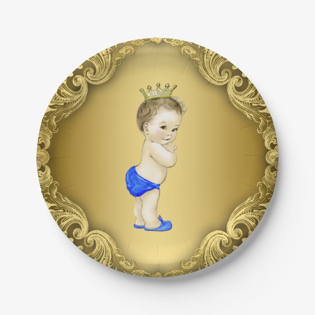 Royal Blue and Gold Prince Baby Shower Paper Plate (Front)