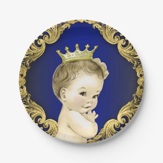 Royal Blue and Gold Prince Baby Shower Paper Plate (Front)