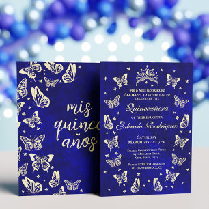 Royal Blue and Gold Quinceañera Tiara Butterfly Invitation