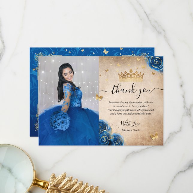 Royal Blue and Gold Roses Quince Photo Birthday Thank You Card (Front/Back In Situ)