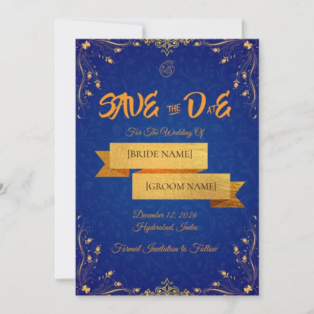 Royal Blue and Gold Save the Date Card (Front)
