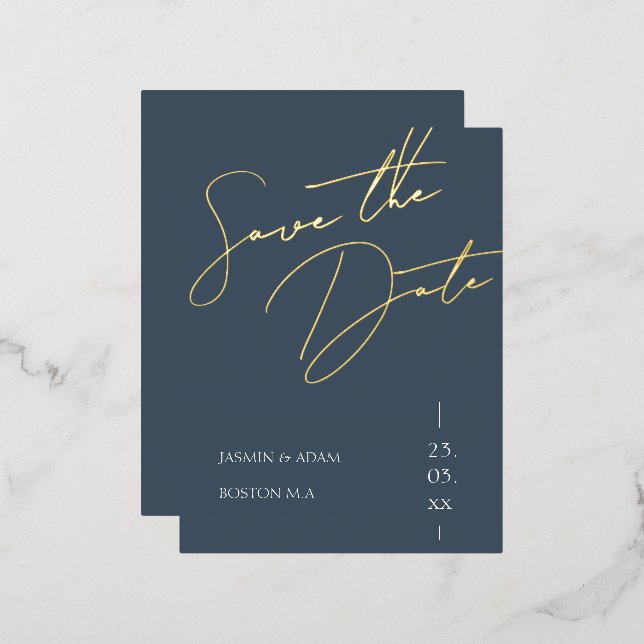 Royal Blue and Gold Script Wedding Save the Date Foil Invitation Postcard (Front/Back)
