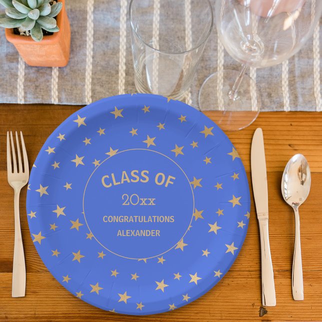 Royal blue and Gold Stars graduation party Paper Plate (Creator Uploaded)