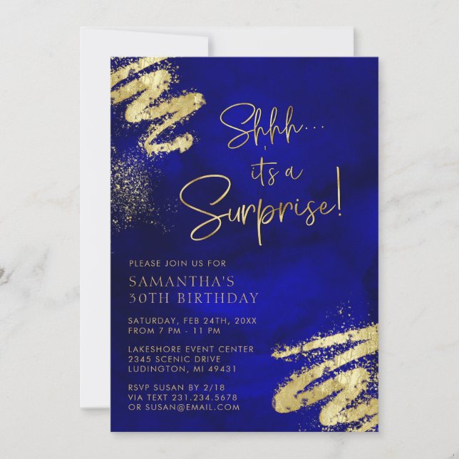 Royal Blue and Gold Surprise Birthday Invitation (Front)