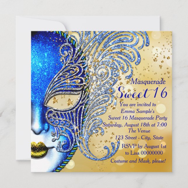Royal Blue and Gold Sweet 16 Masquerade Party Invitation (Front)