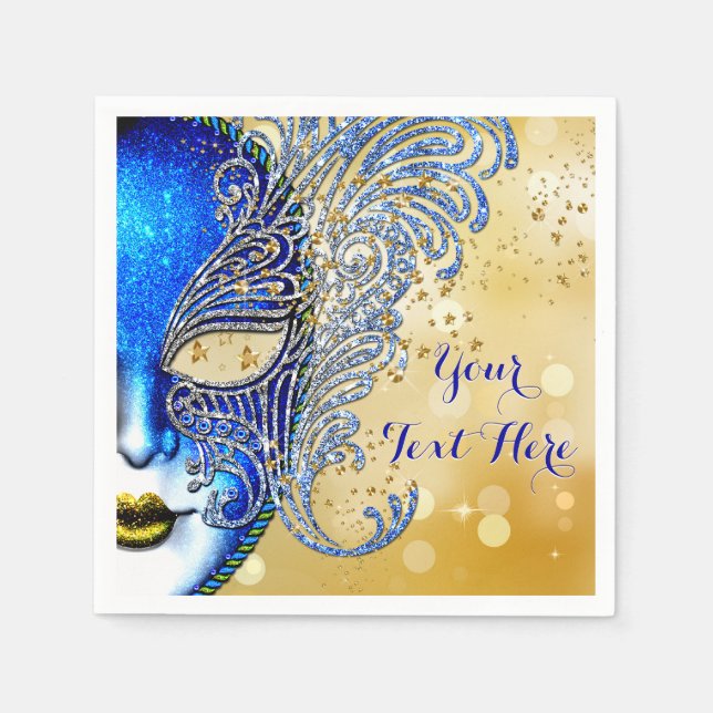 Royal Blue and Gold Sweet 16 Masquerade Party Napkin (Front)