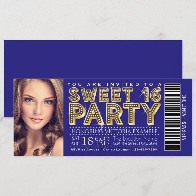 Royal Blue and Gold Sweet 16 Ticket Invitation (Front/Back)