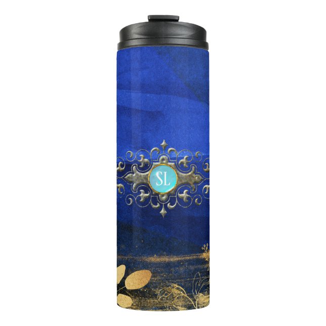 Royal Blue and Gold Turquoise Gemstone Thermal Tumbler (Front)
