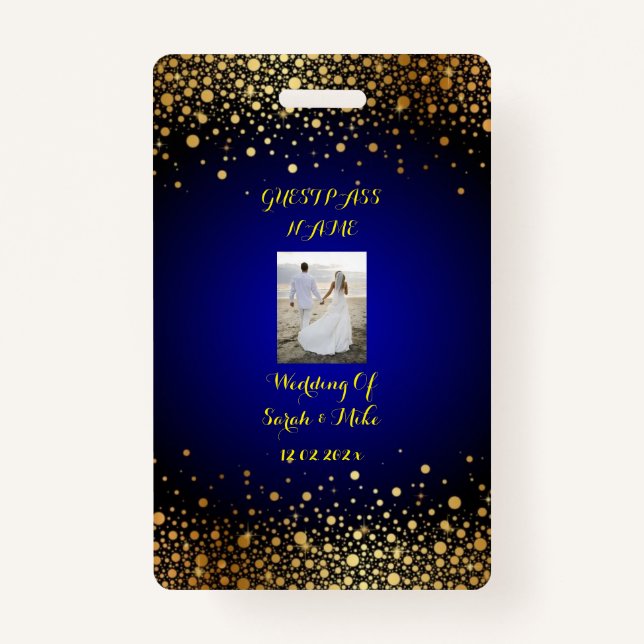 Royal Blue and Gold Wedding Guest Pass ID Badge (Front)
