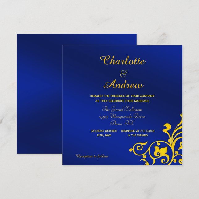 Royal Blue and Gold Wedding Invitation (Front/Back)