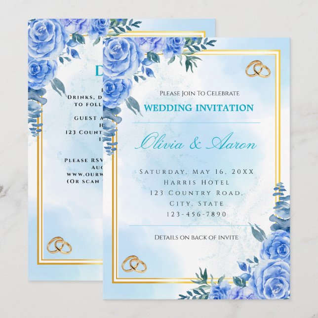 Royal Blue and Gold Wedding Invitation (Front/Back)