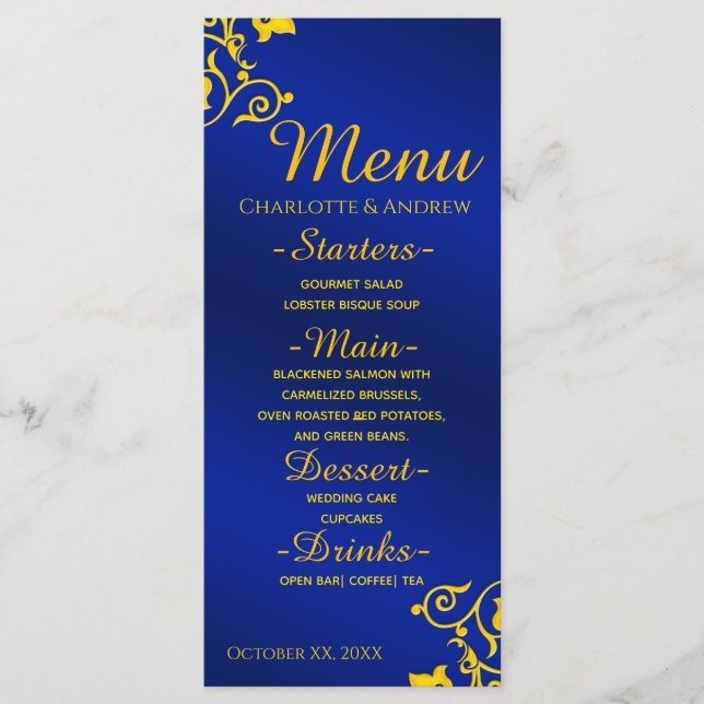 Royal Blue and Gold Wedding Menu (Front)