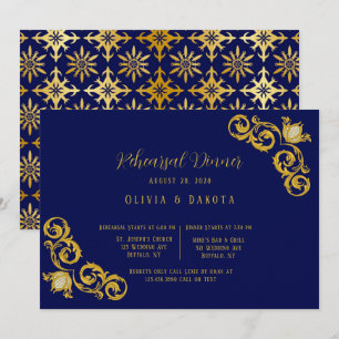 Royal Blue and Gold Wedding Rehearsal Dinner Invitation