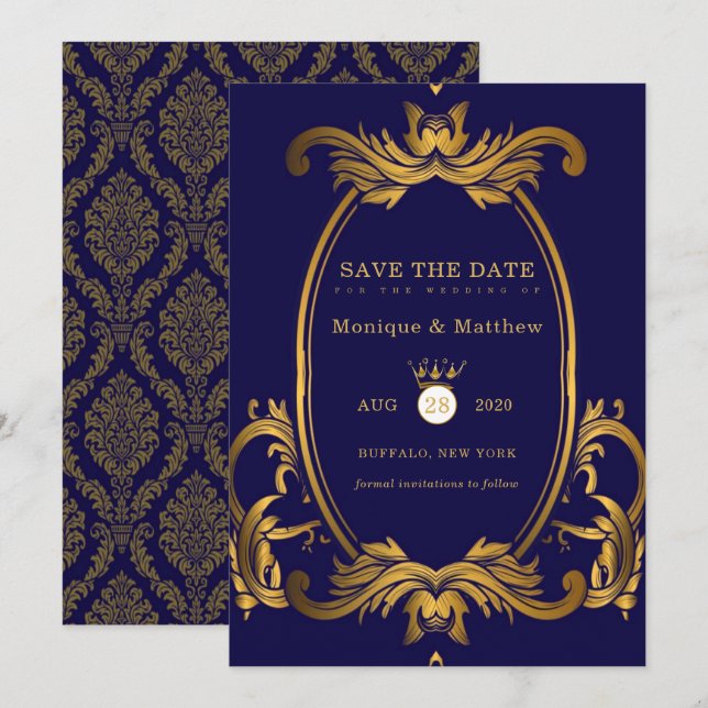 Royal Blue and Gold Wedding Save The Date Cards (Front/Back)